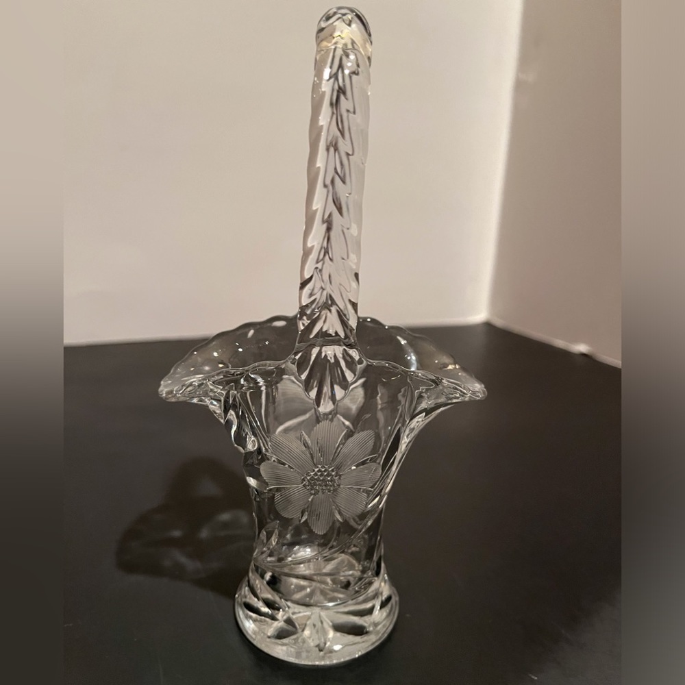 Vintage Petite Etched Glass Basket with Handle